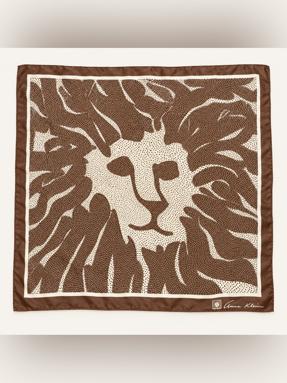 Vintage Anne Klein Cream and Brown Lion Logo Square 24” Scarf